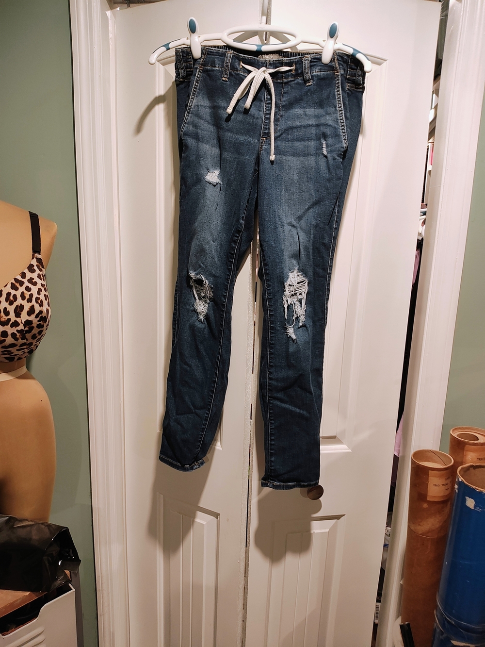 Women’s Distressed Drawstring Jeans - Dark Blue